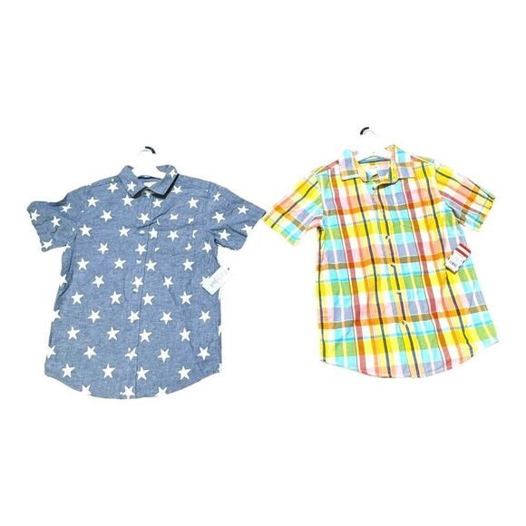 Lot of 2 NEW Cat & Jack Boys Button-Down Shirts L 12 14 Red Plaid & Blue Stars - Picture 1 of 10